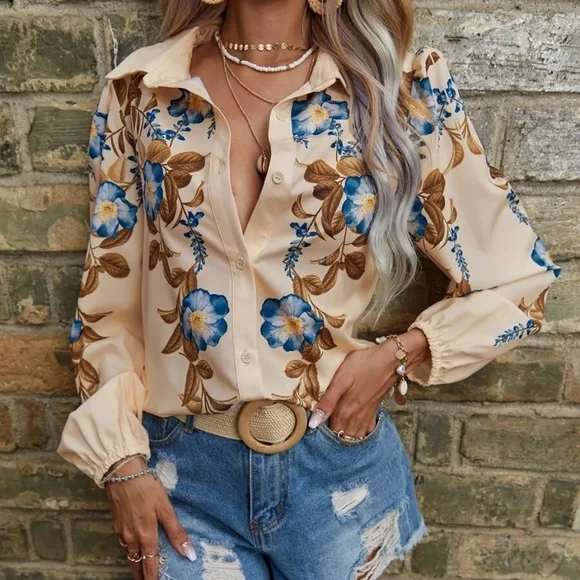 Boho Floral Print Button up Shirt - Picture 2 of 4